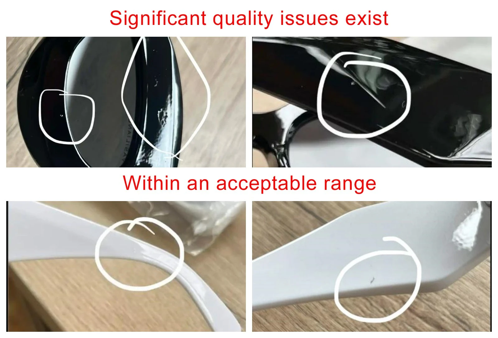 Sunglasses quality control examples for frame pinholes and uneven plating Sunglasses quality control examples for frame pinholes and uneven plating